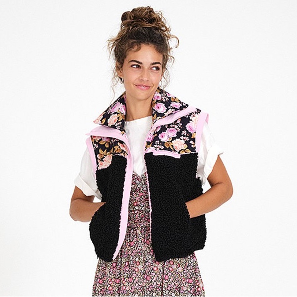 For Love and Lemons Pink Black Floral Puffer Vest - Picture 3 of 5